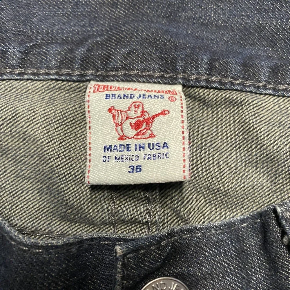 True Religion Straight Jeans Mens 36x34 Painted Logo Pockets Distressed